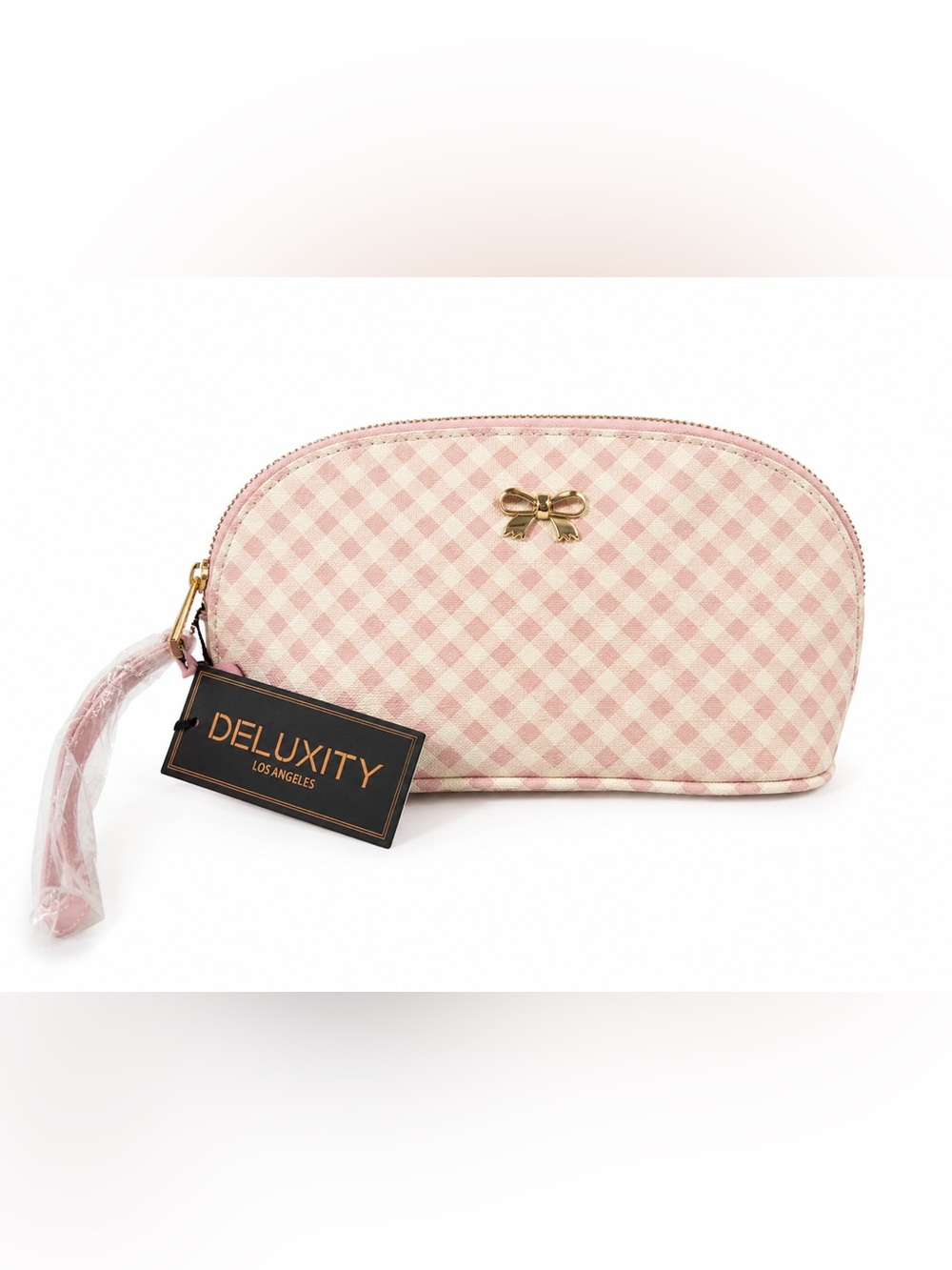 Deluxity Los Angelas Pink Gingham Gold Bow Cosmetic Bag